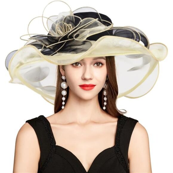 Derby Hats for Women, Classy Organza Sun Hat, Khaki Black main image 6